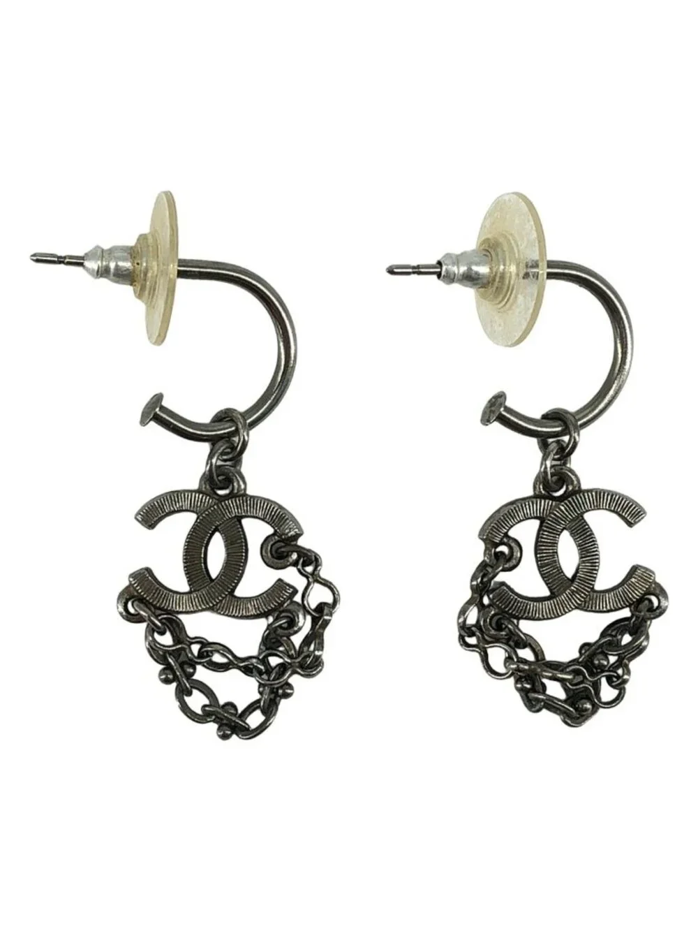 Chanel CC Logo Chain Earrings Silver